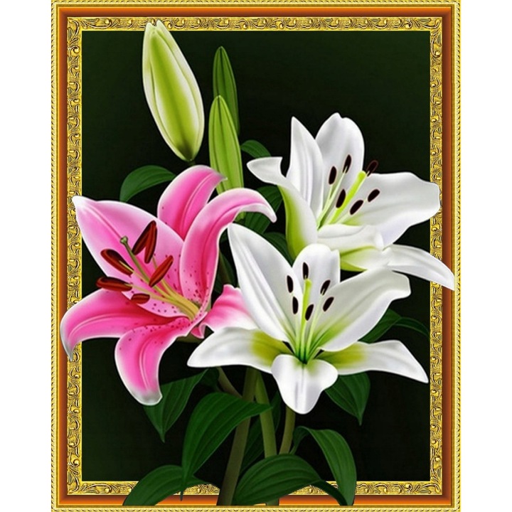 Set de broderie cu diamante 5d, Model crini, 50x40 cm, Multicolor