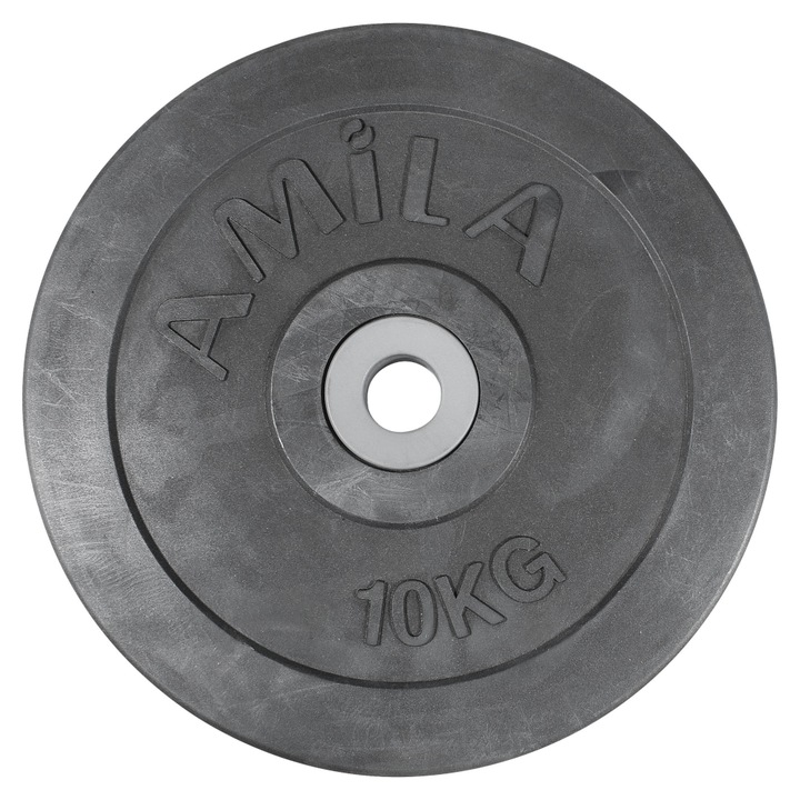 Disc din cauciuc Amila, Fonta, 10 kg, Diametru inel 28 mm, Negru