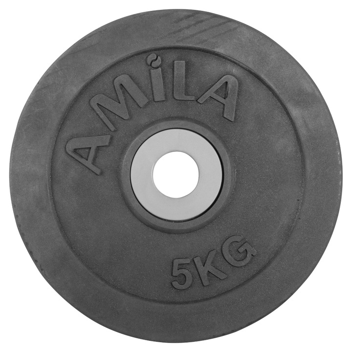 Disc haltera Amila, Fonta / Cauciuc, 5 kg, Diametru inel 28 mm, Negru