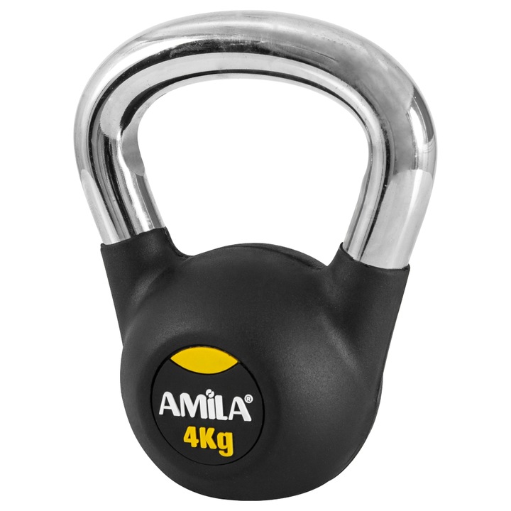 Gantera Kettlebell din cauciuc Amila, Fonta, 4 kg, Negru / Argintiu
