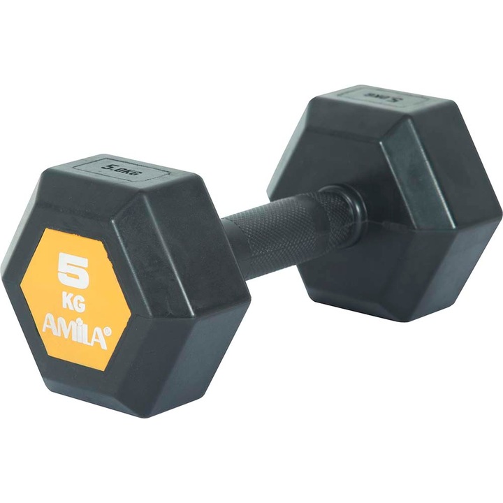 Gantera fintess, Amila, Hexagon, Cauciuc, 5kg, Negru/Galben