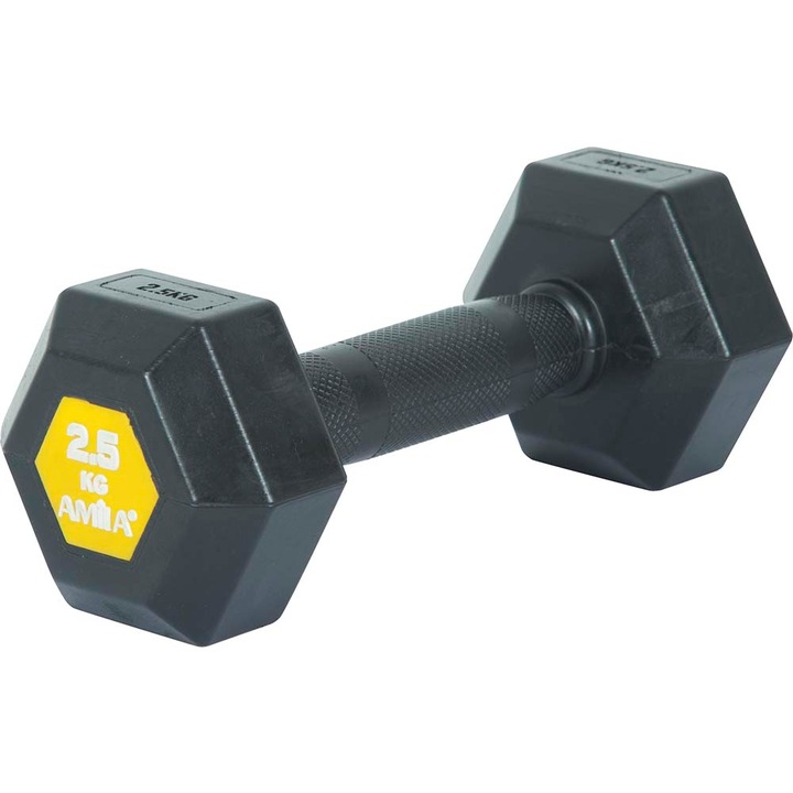 Gantera fintess, Amila, Hexagon, Cauciuc, 2.5kg, Negru/Galben