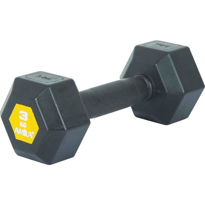 Gantera fintess, Amila, Hexagon, Cauciuc, 3kg, Negru/Galben