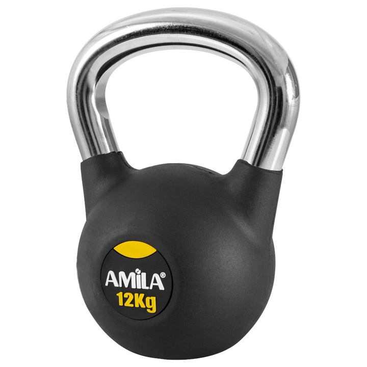 Gantera Kettlebell Amila, Fonta, Capac din cauciuc, 12 kg, Negru / Argintiu