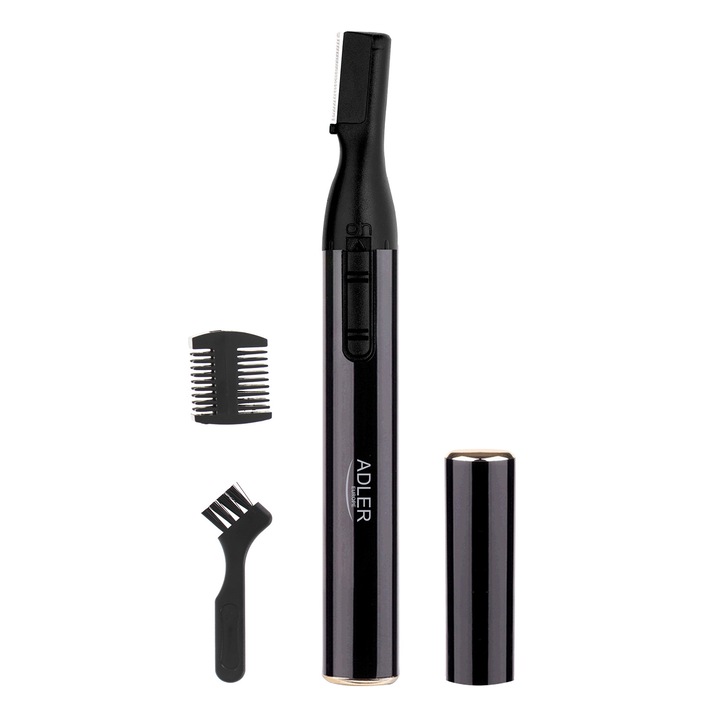Trimmer pentru sprancene Adler AD 2934b, pieptene de ghidaj dublu -3.5/1.5 mm, perie, baterii, negru