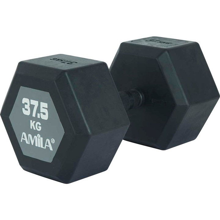 Gantera fintess, Amila, Hexagon, Cauciuc, 37.5kg, Negru/Gri