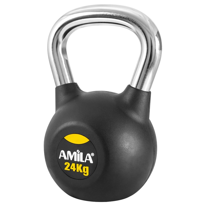 Gantera Kettlebell Amila, Fonta, Capac din cauciuc, 24 kg, Negru / Argintiu