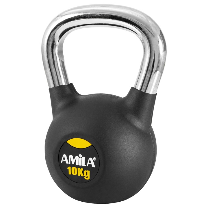 Gantera Kettlebell Amila, Fonta, Capac din cauciuc, 10 kg, Negru / Argintiu