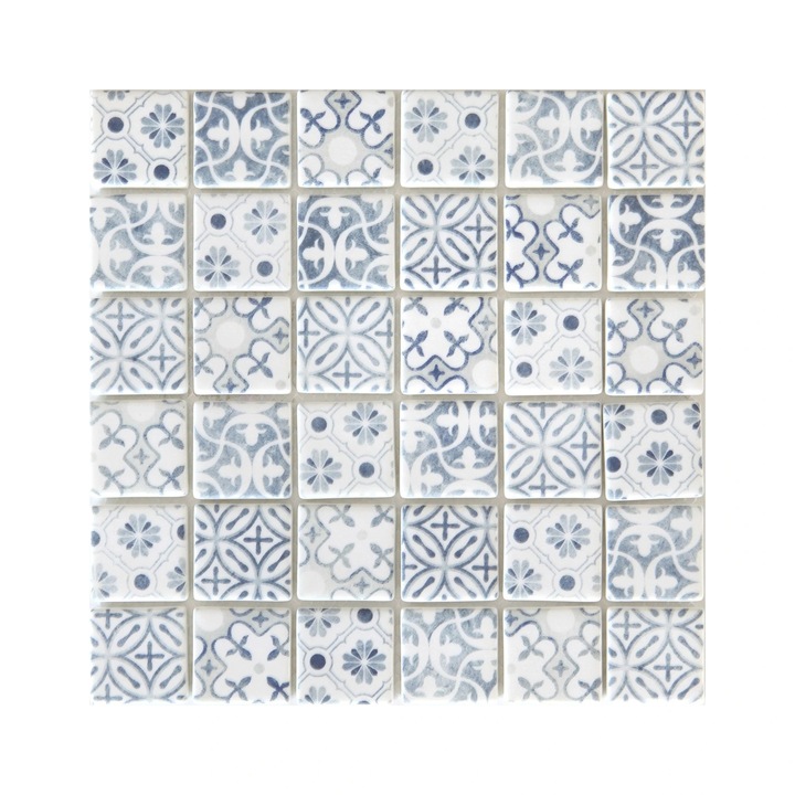 Újrahasznosított üvegmozaik 30 x 30 cm, fehér/kék