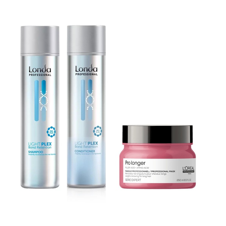 Kit Avantajos Par Lung, Masca Profesionla Pentru Reinnoirea Lungimilor 250ml, Sampon Londa Lightplex Blond Retention Shampoo 250m, Lightplex Conditioner 250ml
