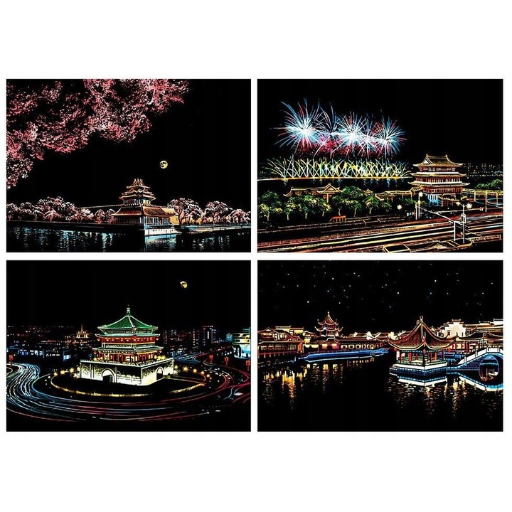 Set 4 imagini colorate, Cladiri antice, Moments, 29.7 x 21 cm, Multicolor