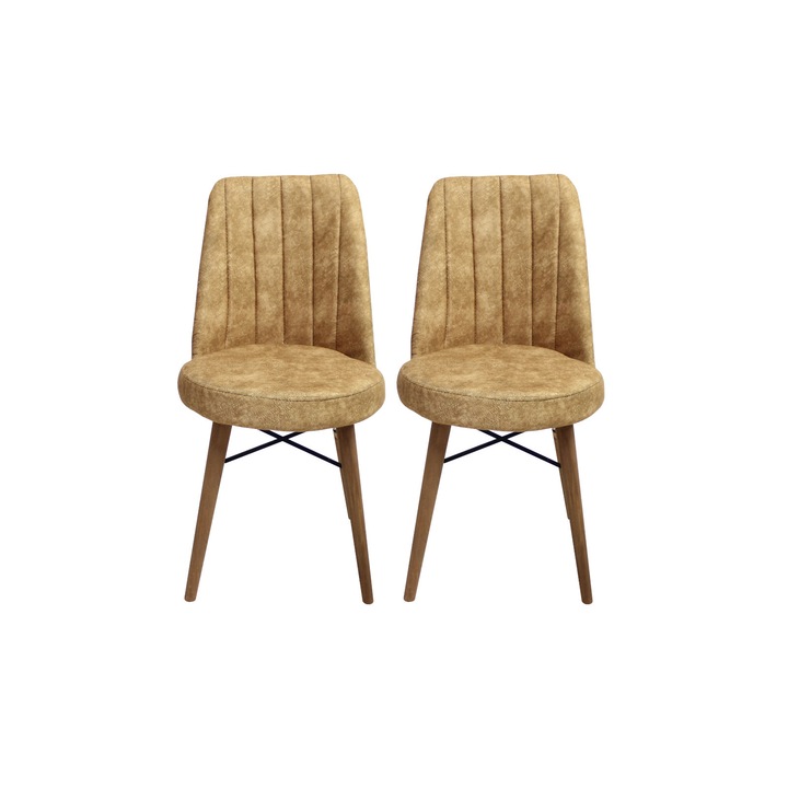 Set 2 scaune Apollo, cadru din metal, picioare de lemn, tapiterie din material textil, maro deschis, 90x46 cm