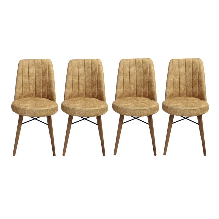 Set 4 scaune Apollo, cadru din metal, picioare de lemn, tapiterie din material textil, maro deschis, 90x46 cm