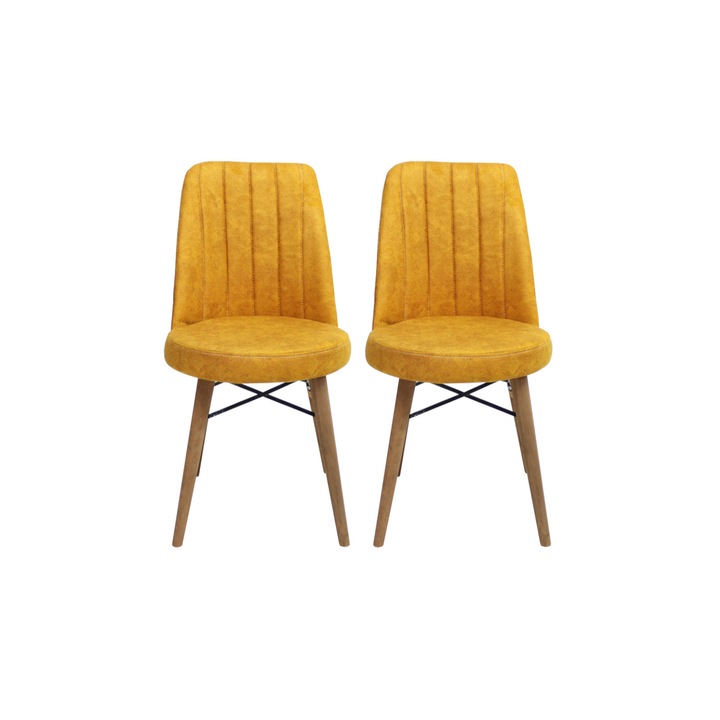 Set 2 scaune Apollo, cadru din metal, picioare de lemn, tapiterie din material textil, galben, 90x46 cm