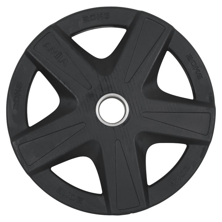 Disc olimpic Amila, Fonta / Otel, Exterior din cauciuc, 15 kg, Diametru inel 50 mm, Negru