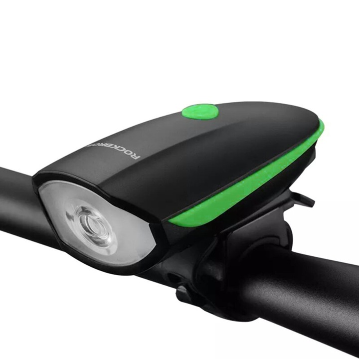 RockBros vízálló kerékpár kürt és zseblámpa 1200 mAh újratölthető akkumulátorral, 250 lm és 6 LED világítási mód, zöld
