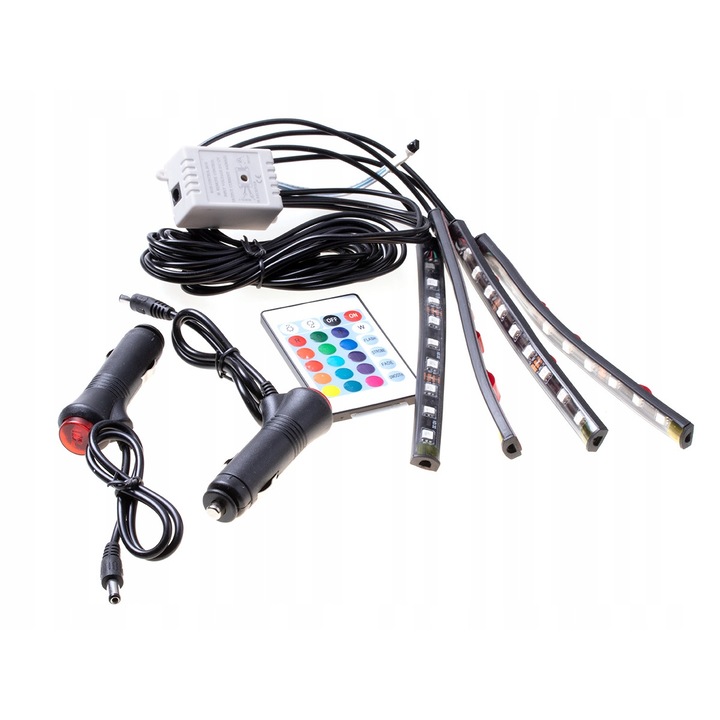 Комплект от 4 LED ленти за кола, 12 V, RGB светлина, 12x1,5 см