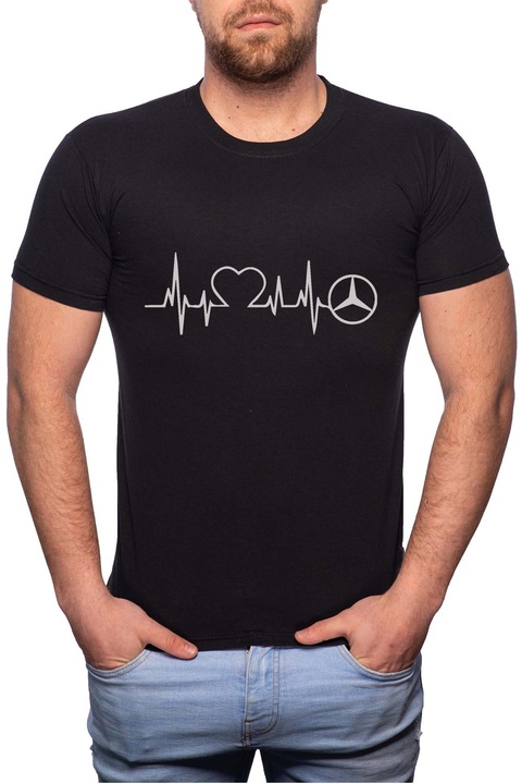 Mercedes Heartbeat, Normál fazonú feliratos férfi poló, 100% Pamut, 517, Fekete