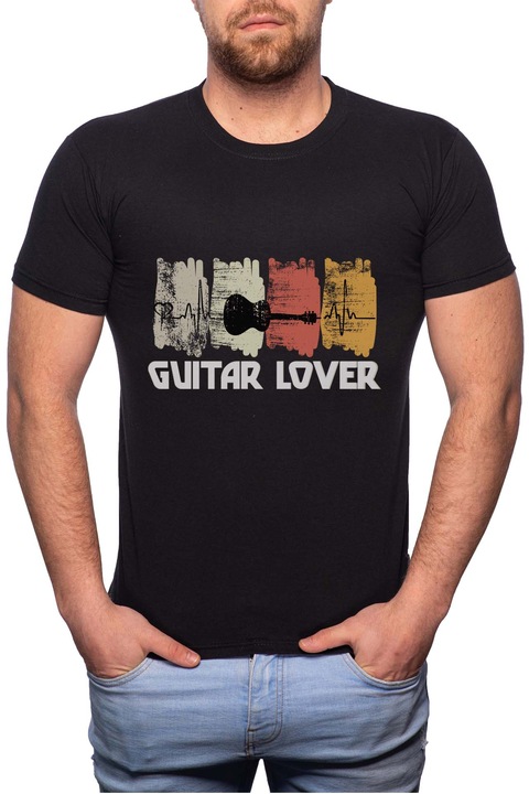 Guitar Lover, Normál fazonú feliratos férfi poló, 100% Pamut, 514, Fekete