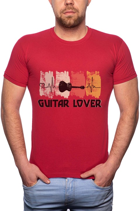 Guitar Lover, Normál fazonú feliratos férfi poló, 100% Pamut, 514, Piros