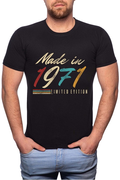 Vintage - Made in 1971, Normál fazonú feliratos férfi poló, 100% Pamut, 510, Fekete