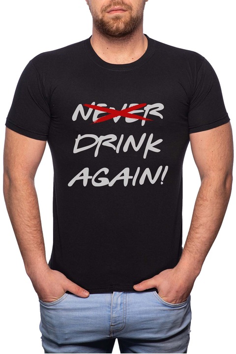 Drink Again, Normál fazonú feliratos férfi poló, 100% Pamut, 521, Fekete