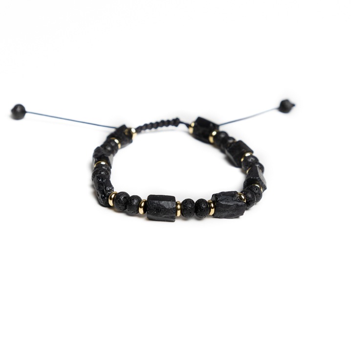 Férfi Ezera természetes fekete turmalin kézzel készített lávagyöngyös Devyan állítható zsinóros karkötő