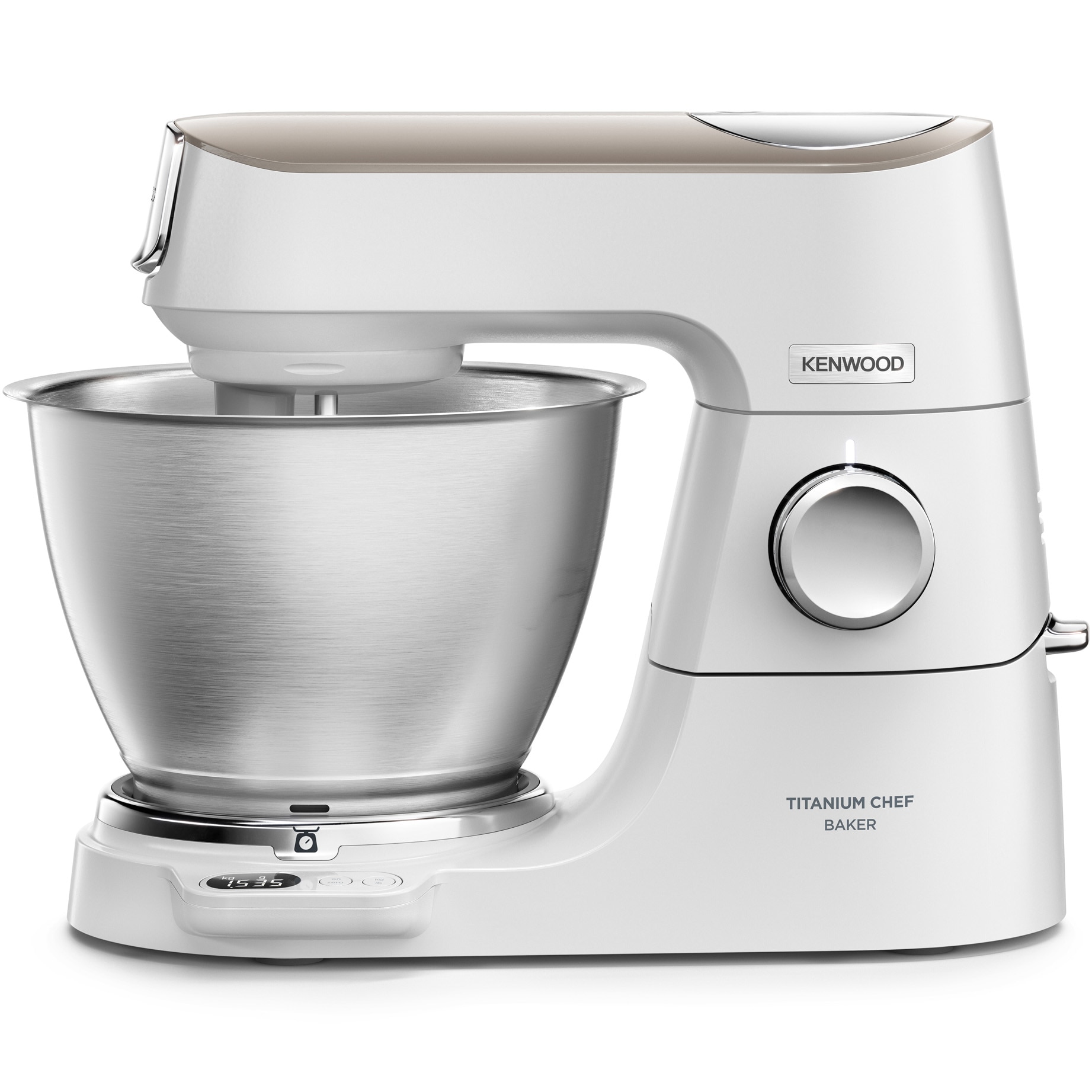 Robot de bucatarie Kenwood Titanium Chef Baker KVC65.001WH, 1200 W, vas 5L, 10 trepte viteza, cantar integrat, 3 accesorii patiserie, alb