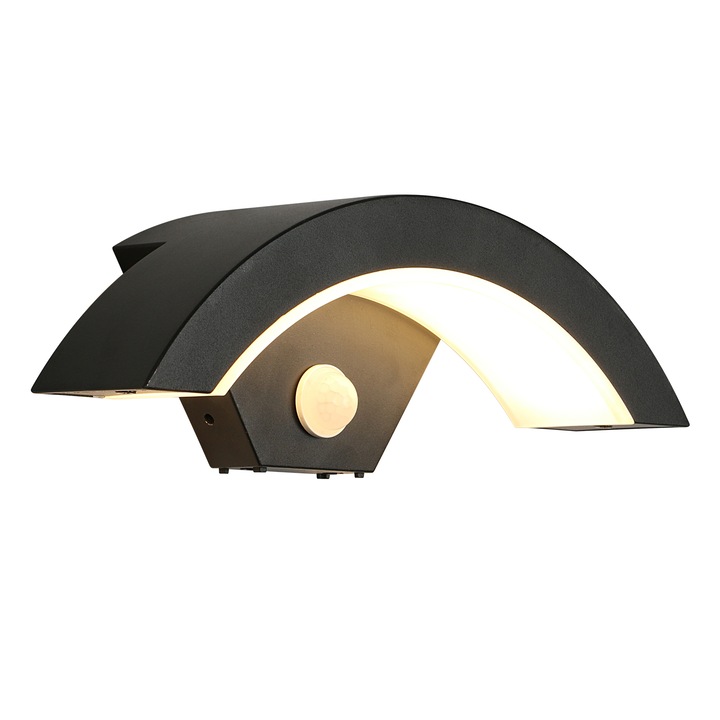 Външна LED стенна лампа, алуминий, 15 W, с PIR сензор за движение, Toollight, черна