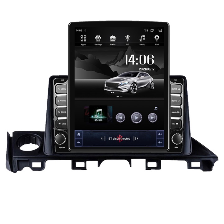 Navigációs Mazda 6 2018-2021 között, 9,7 hüvelykes TESLA képernyő, 4 GB RAM és 64 GB ROM, 4G Sim Slot, nyolcmagos processzor, integrált Carplay, DSP digitális hangprocesszor, Android, alkalmazások, USB, Wi Fi, Bluetooth