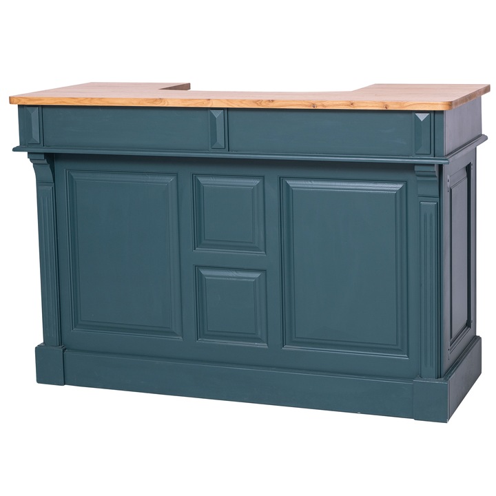 Bar 160x107x65 cm cu blat stejar, vopsit, culoare albastru inchis, top maro, 100% lemn masiv