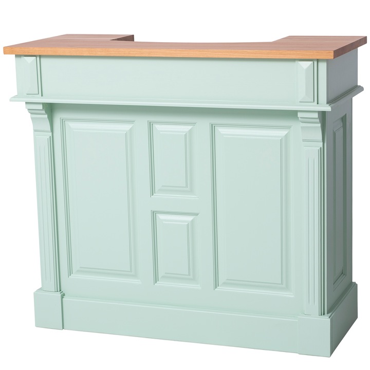 Bar mic 120 cm cu blat stejar, vopsit, culoare verde menta, top maro, 100% lemn masiv