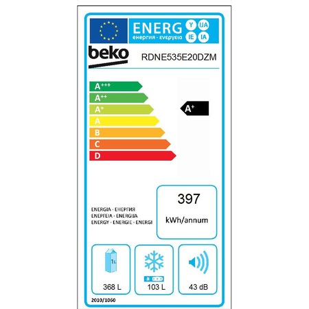 Frigider cu doua usi Beko RDNE535E20DZM, 471 l, Dozator apa, Display, Clasa A+, NeoFrost, H 193 cm, Gri Sidef