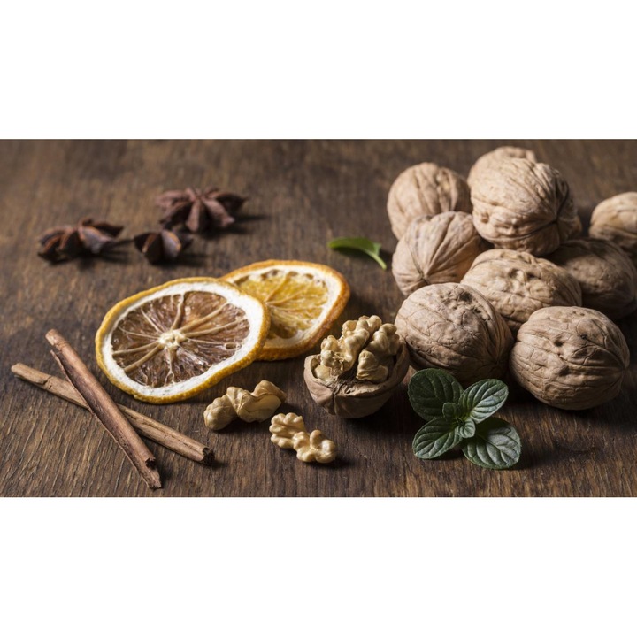 Öntapadó PVC tapéta - Dió és citromszelet fa tányéron, 100 x 150 cm