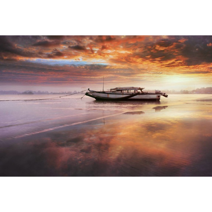 Sticker perete - Barca Pe Apa La Rasarit, 120x80 cm