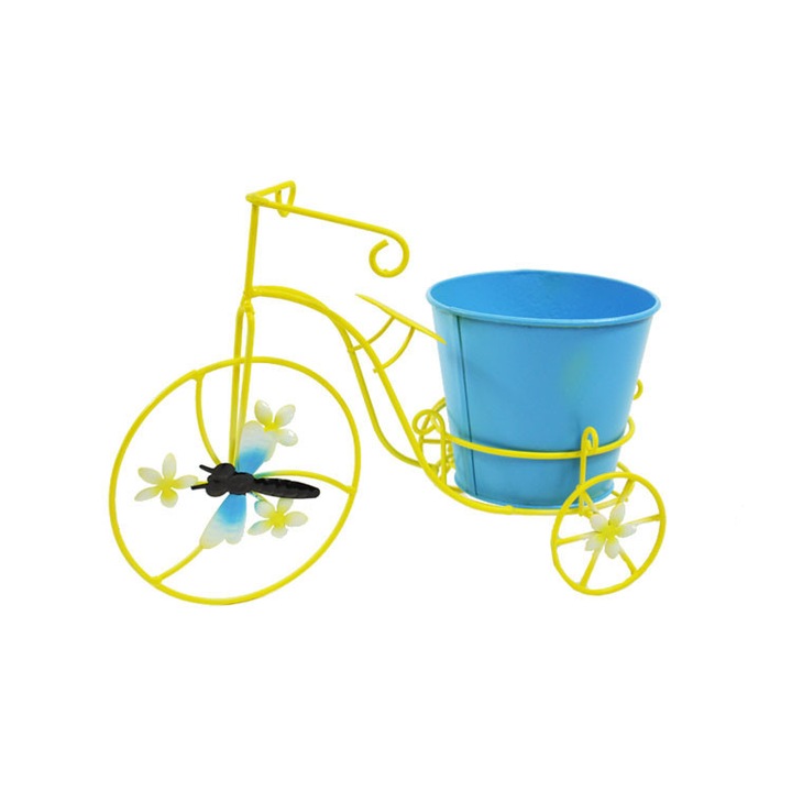 Suport pentru flori tip Tricicleta, metalica, cu Ghiveci pentru flori, Galbena