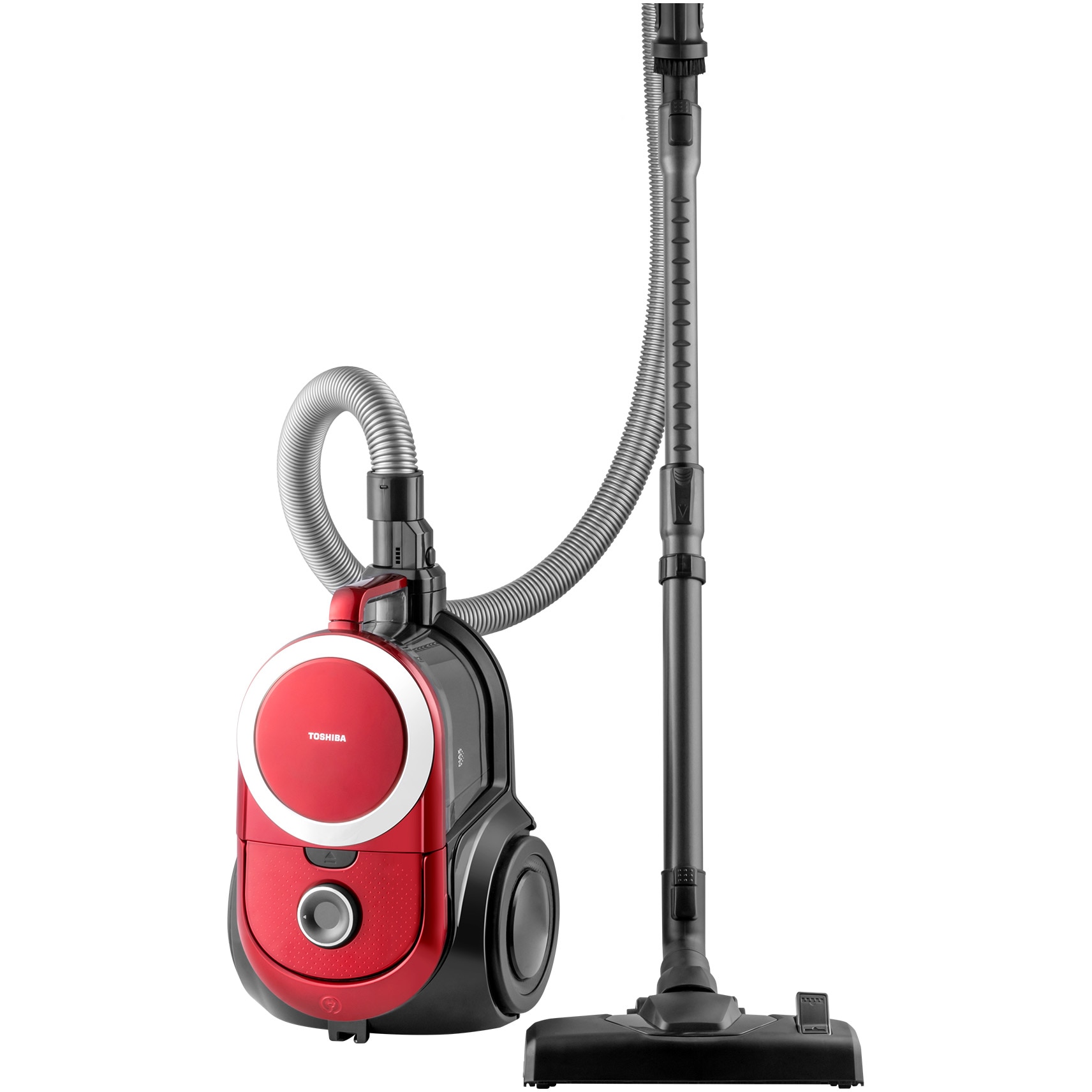 Aspirator fara sac Toshiba VC-BL070CR, 700W, 26.4 kWh/an, recipient praf 1.8L, Cyclone force, accesorii: tub telescopic, perie standard, accesoriu spatii inguste, perie praf, perie tapiterie, perie parchet, Rosu