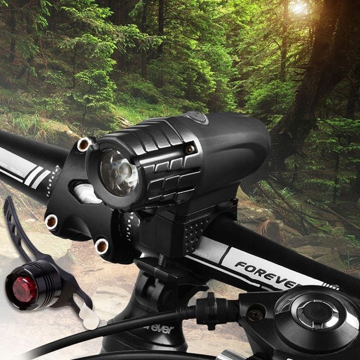 Фенер за велосипед с USB и червен стоп, INNE, Алуминий, 4 режима, Черен