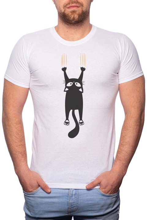 Scratching Cat, Normál fazonú feliratos férfi poló, 100% Pamut, 551, Fehér