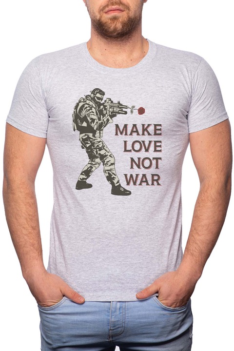 Make Love - Not War, Normál fazonú feliratos férfi poló, 100% Pamut, 557, Szürke