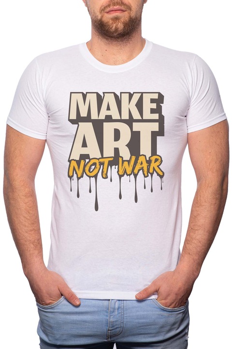 Make Art - Not War, Normál fazonú feliratos férfi poló, 100% Pamut, 558, Fehér
