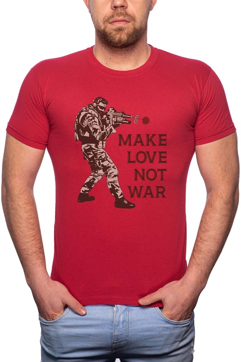 Make Love - Not War, Normál fazonú feliratos férfi poló, 100% Pamut, 557, Piros