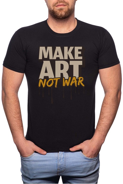 Make Art - Not War, Normál fazonú feliratos férfi poló, 100% Pamut, 558, Fekete