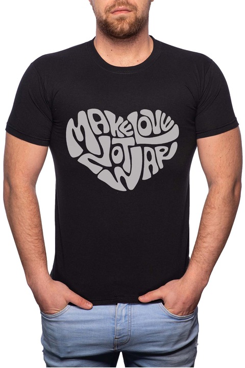 Make Love - Not War, Normál fazonú feliratos férfi poló, 100% Pamut, 559, Fekete