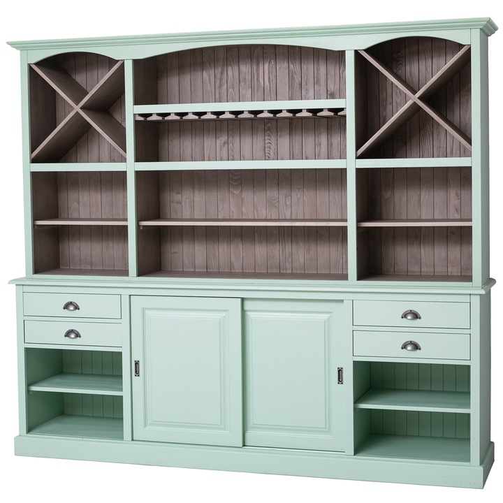 Mobilier de bar cu suport pentru pahare si sticle, culoare exterior verde menta, interior gri inchis, 100% lemn masiv, 240x210x50 cm