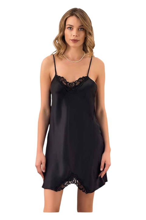 Camasa de noapte, tip furou, StarFashion, din satin, cu bretele subtiri si aplicatii din dantela, Negru