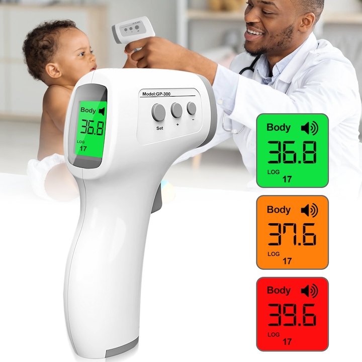 Termometru digital non contact cu infrarosu, SDLOGAL, Masurare rapida, memorie, Alarma temperatura mare, Afisaj Digital LCD extra large, pentru un casnic sau profesional, Gri