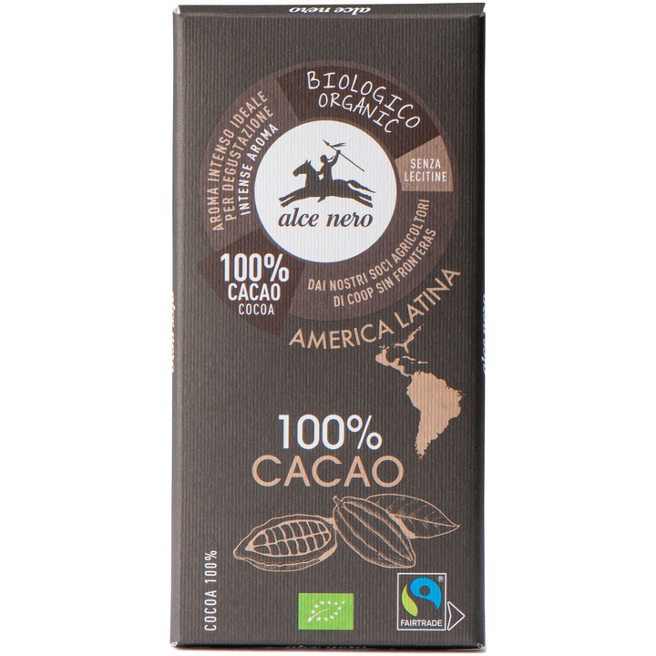 Био екстра черен шоколад 100% Fairtrade какао Alce Nero, 50g