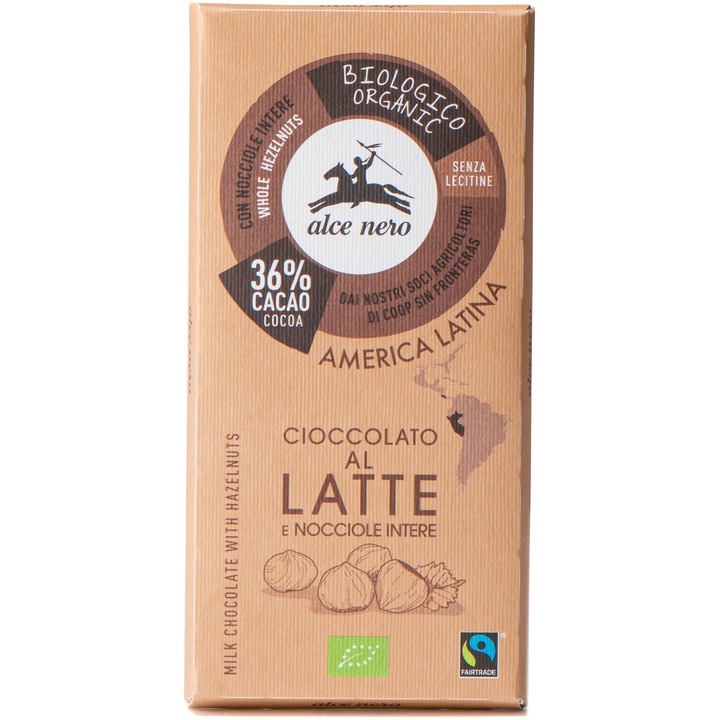 Tableta organica de ciocolata cu lapte cu alune Fairtrade Alce Nero, 100g