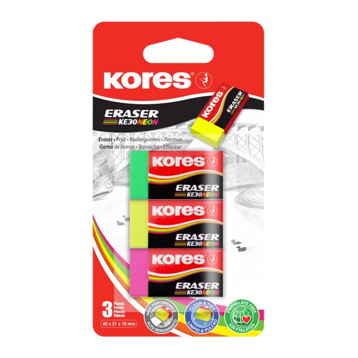 Kores KE-30, 40 x 21 x 10 mm, különböző színek, 3 db/buborékfólia